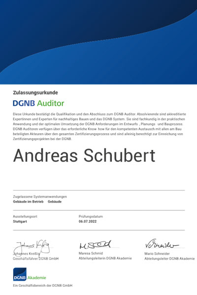 DGNB_Zulassungsurkunde_Auditor_2022_Schubert